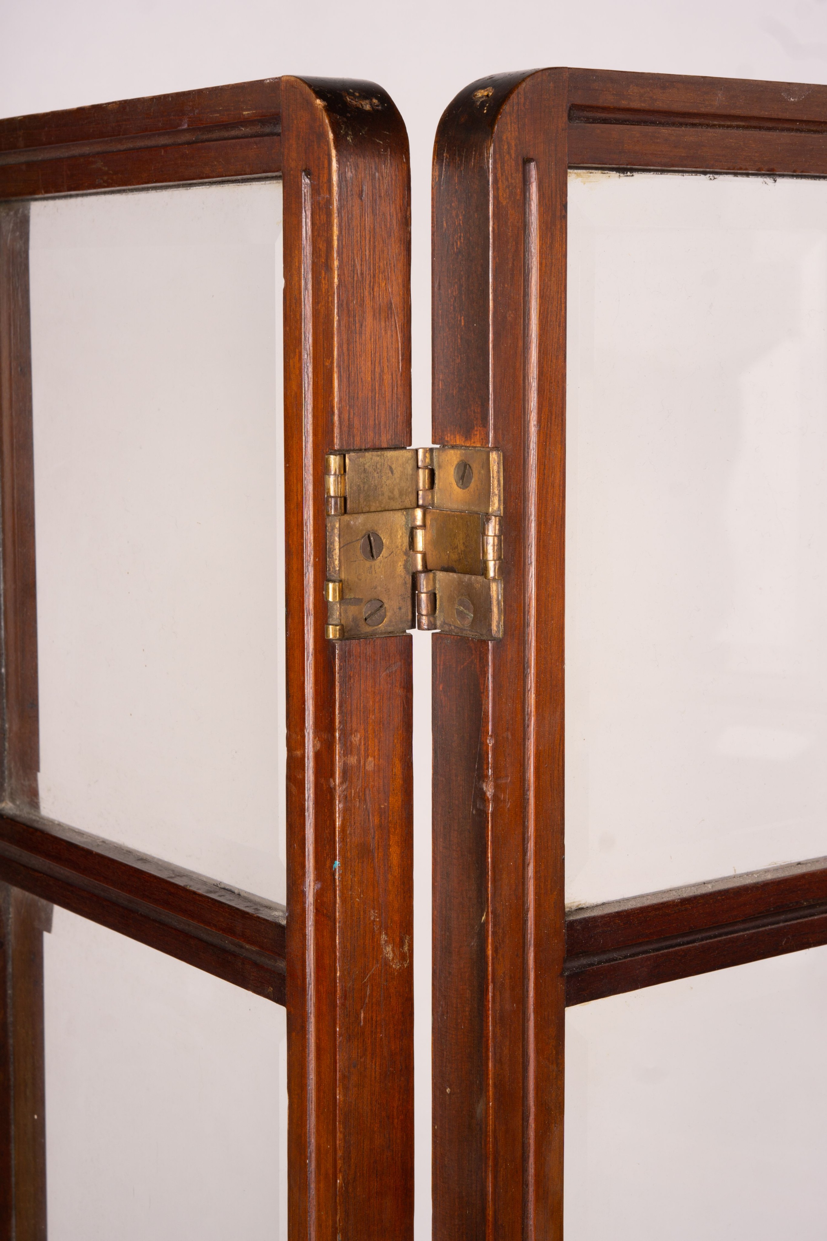 An Edwardian glazed mahogany three fold screen, each panel width 51cm, height 157cm